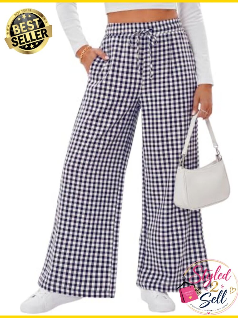 DIRASS Women High Waist Wide Leg Palazzo Pants 100% Cotton Gingham - Picture 4 of 6